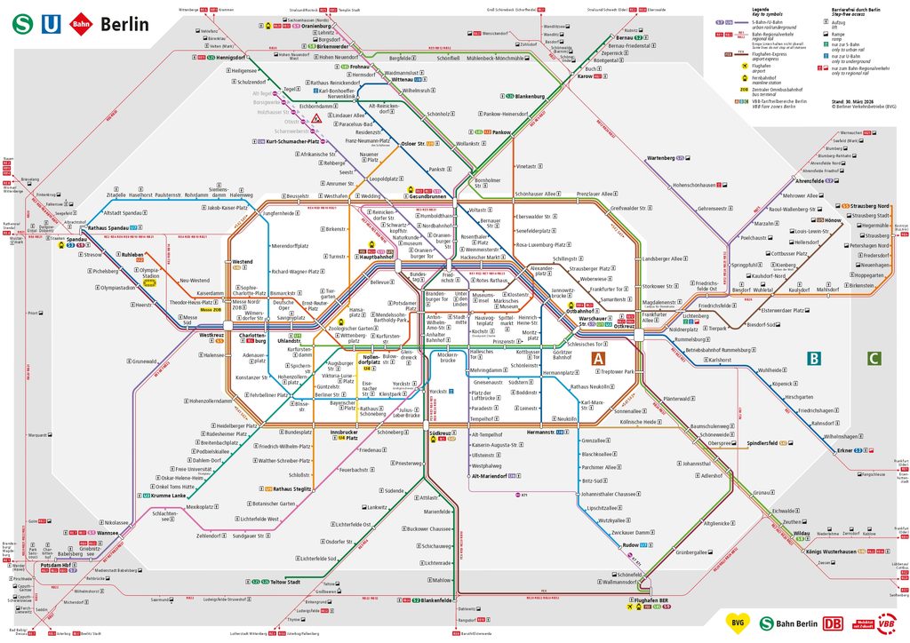 komunikacja miejska w Berlinie – mapa linii S-Bahn i U-Bahn ze strefami A, B i C
